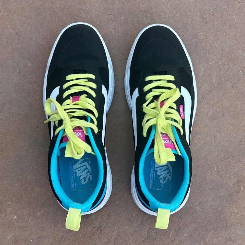 Vans Black Sneakers with Yellow Laces and Blue Interior